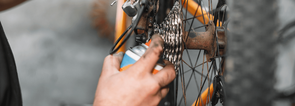 Fiets onderhoud, man sprayt olie op fietsketting