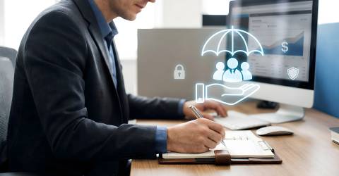 Ondernemer achter bureau met computer bekijkt verzekeringen